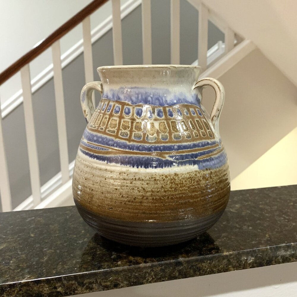 Vintage Sculpted Art Pottery Terracotta Urn Jug Vase Mid Century Modern Blue